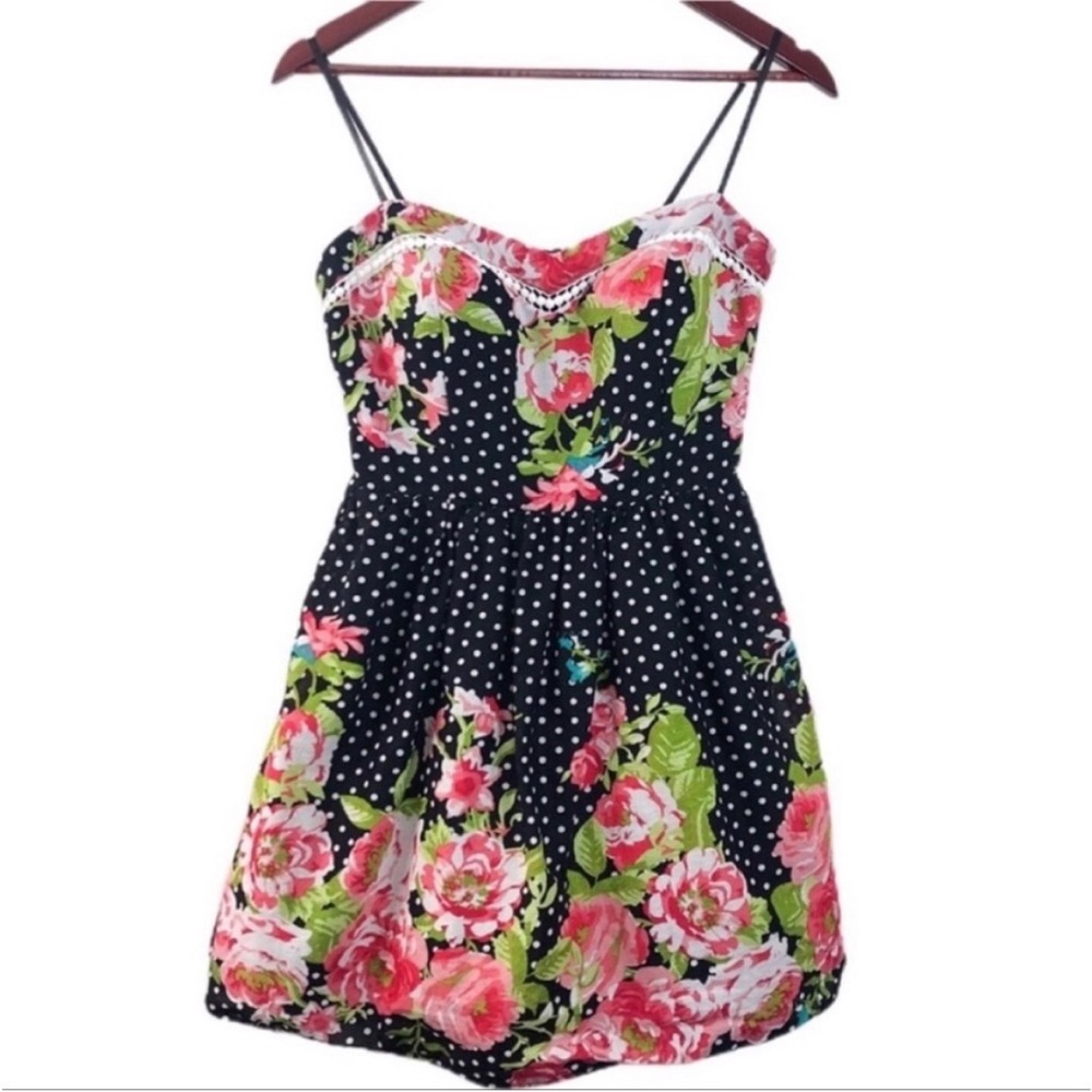 Floral Polka Dot Strapless Mini Dress Retro Rockabilly Style Pinup - Picture 5 of 9